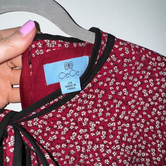 CECE Piping Detail Bow Neck Midi Dress - Red Floral - Size 2X - Picture 4 of 5